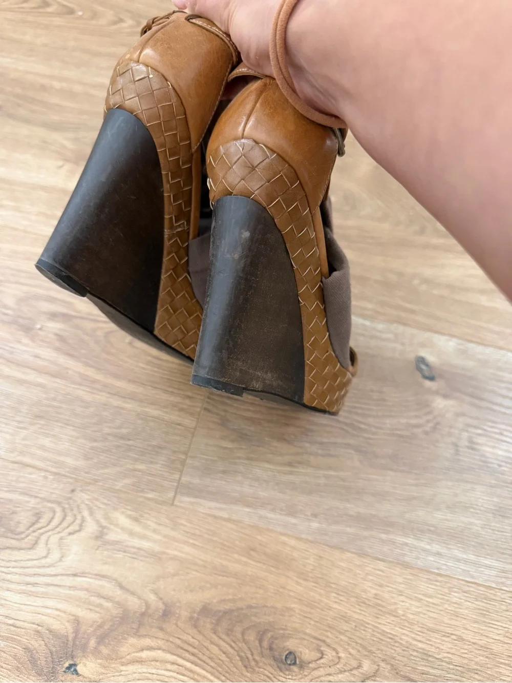 Woven Leather Wedge Sandal with Brown Fabric Wrap